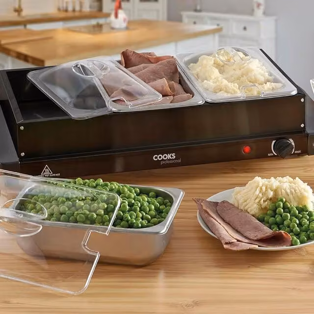 Cooks Professional Electric 3 and 4 Section Buffet Warmer Tray in Black with Stainless Steel and Analog Display