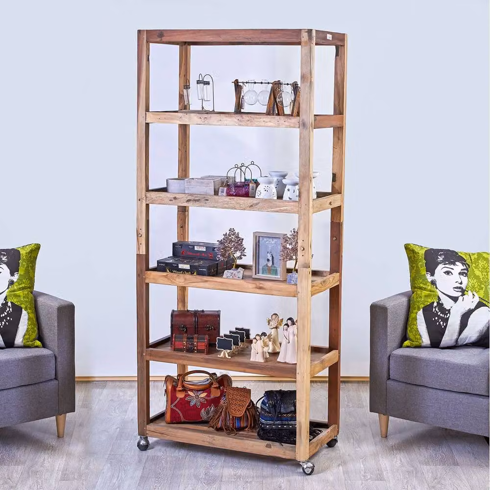 Serenityy Six-Shelf Upcycled Teak Display Unit in Natural Brown, H 180 x W 79 x D 37 cm – 2