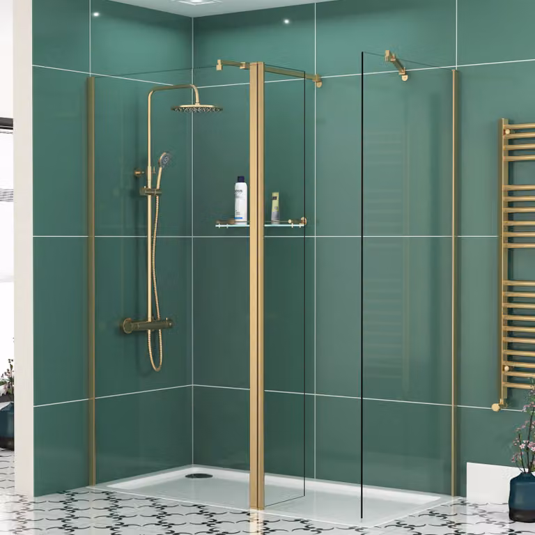 Royal Bathrooms Walk In Shower Enclosure with Acrylic Shower Tray and Flipper Panel, Brushed Brass, W: 120 cm, D: 70 cm, H: 185 cm