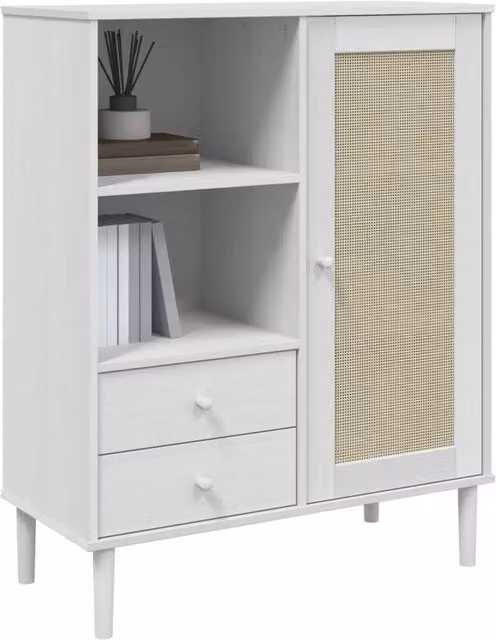 Berkfield Home Senja Highboard in White Rattan Look Solid Pine Wood, W/D/H: 90 x 40 x 112 cm