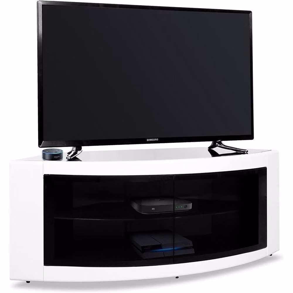 Centurion Supports PANGEA Gloss White Beam-Thru Curved Tru-Corner TV Cabinet for 32-55 inch Screens W/D/H: 118 x 45 x 45 cm – 2