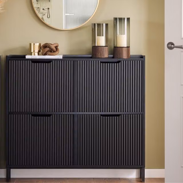 SoBuy Modern Narrow Shoe Cabinet with Tilting Compartments and Hinged Doors in Black Matt
