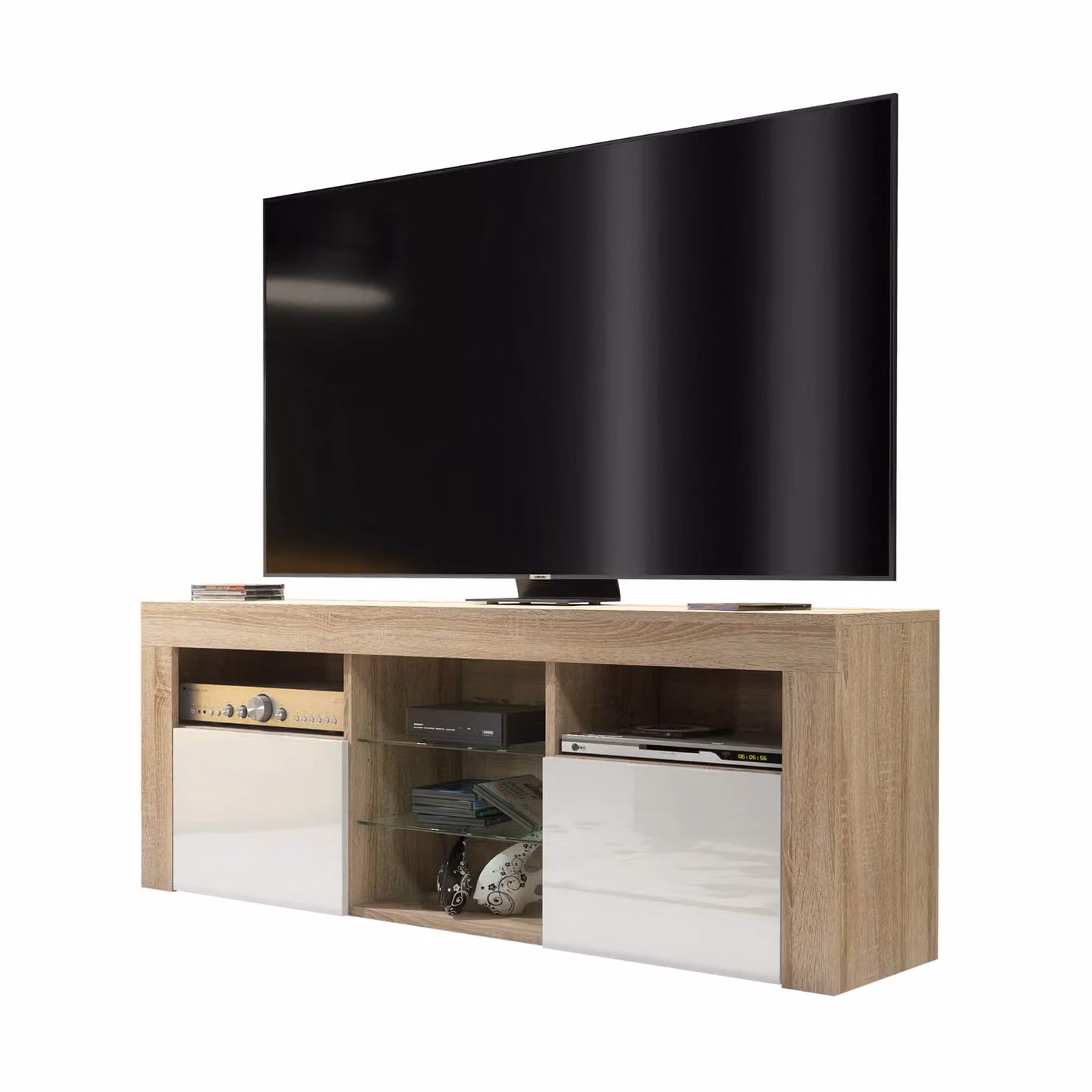 Creative Furniture Modern TV Unit in Oak with High Gloss White Doors, W: 145 cm, D: 35 cm, H: 53 cm – 3
