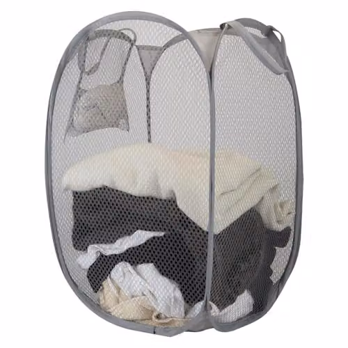 VFM e-Store Collapsible Fabric and Metal Laundry Basket in Grey and White, W: 58 cm, D: 32 cm, H: 32 cm