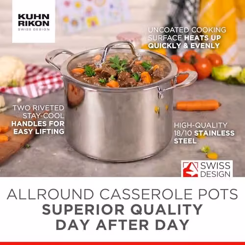 Kuhn Rikon Silver Stainless Steel Casserole Pot with Glass Lid, 8.5L, Diameter: 24 cm – 4