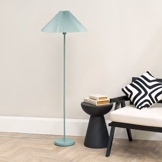 ValueLights Akira Slim Floor Lamp with Blue Pleated Fabric Shade, H 156 cm x W 53 cm
