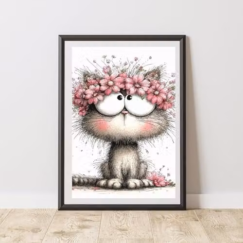 60 SECOND MAKEOVER Cat Flower Headband Print Poster, Black and Multicolour, A4