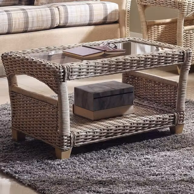 Desser Adlington Cane Coffee Table in Natural Wash and Ivory with Glass Top