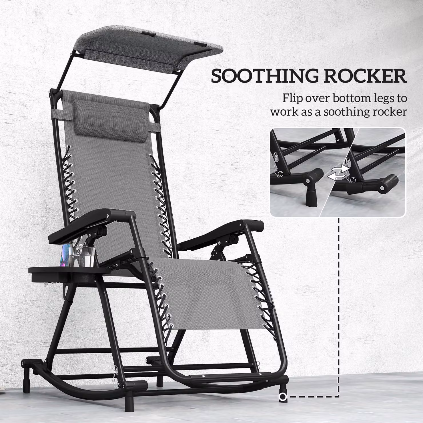 Outsunny Grey Garden Rocking Chair Folding Recliner with Adjustable Headrest and Side Holder – 7