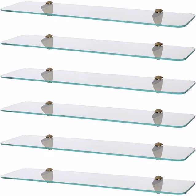 Harbour Housewares Set of 6 Rounded Floating Glass Shelves in Gold and Transparent, Width: 60 cm