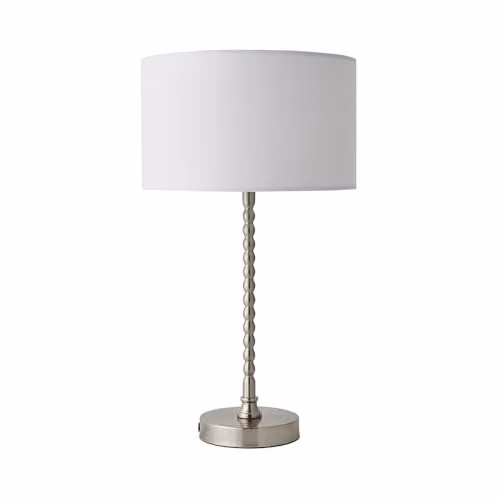 ValueLights Maeve Bobble Table Lamp with White Fabric Shade and Warm White Bulb in Brushed Chrome