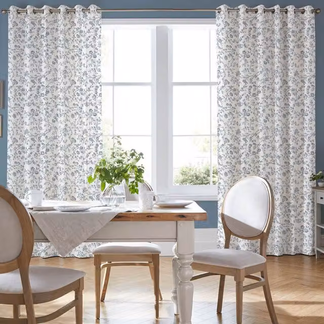 Laura Ashley Aria Made To Measure Blackout Floral Eyelet Curtains in Dark Seaspray Blue