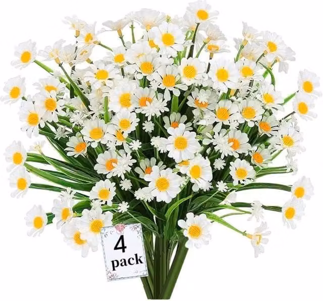 Siganorpy 4-Piece Set of White Artificial Daisy Flowers, UV Resistant Plastic Floral Decor