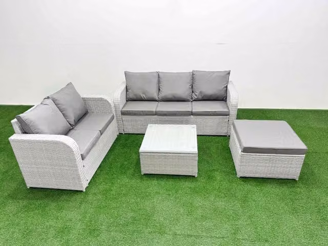Fimous 6 Seater Grey PE Rattan Wicker Garden Furniture Set with L-Shape Sofa, 2 Seater Sofa, Coffee Table and Ottoman
