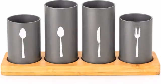 Innoteck 4 Piece Kitchen Cutlery Holder Set with Bamboo Tray and Metal Pots in Grey