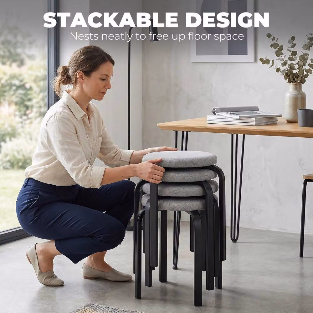 STILVORA Set of 4 Stackable Modern Stools with Grey Fabric Cushioned Seats and Metal Frames – 5