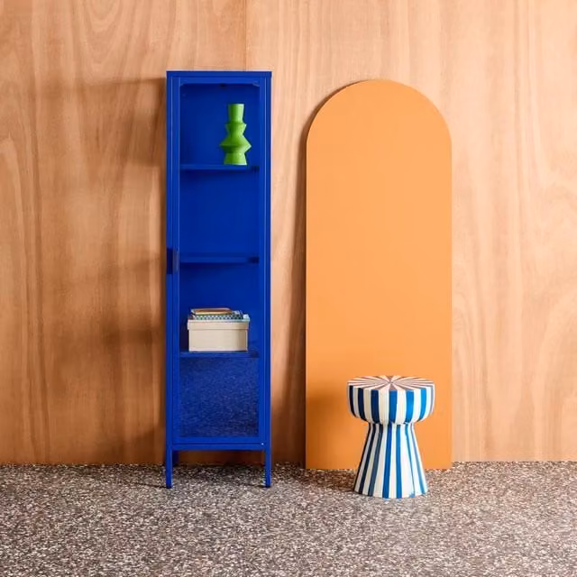 sweeek Industrial Sideboard and Steel and Tempered Glass Display Cabinet with 1 Door in Blue, W/D/H: 160 x 35 x 40 cm
