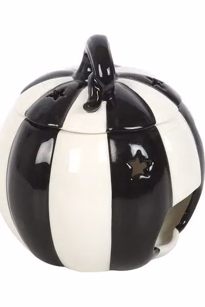 KDMD Black and White Striped Ceramic Pumpkin Oil Burner and Tealight Lamp for Halloween – 5
