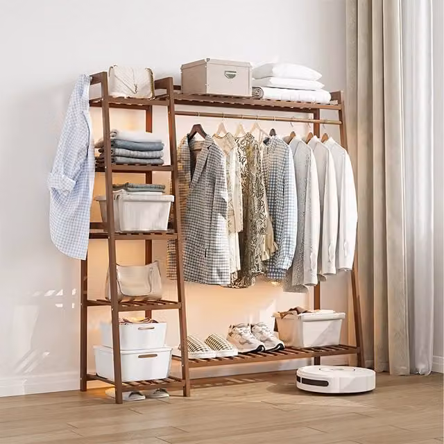 Lifeideas Brown Bamboo Dual Hook and Rail Clothes Rail