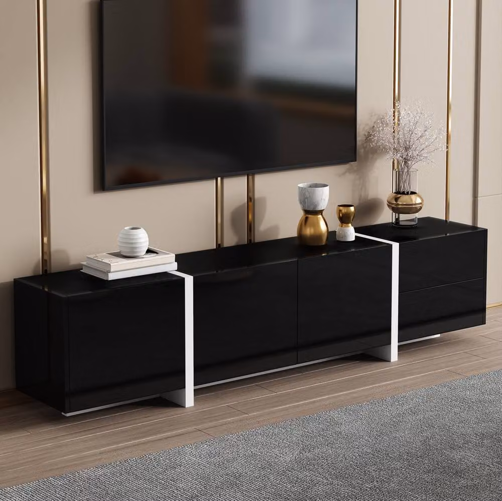 STILVORA Modern Glossy TV Unit with 3 Doors, Drawer and Flip-Down Door in Black and White – 6