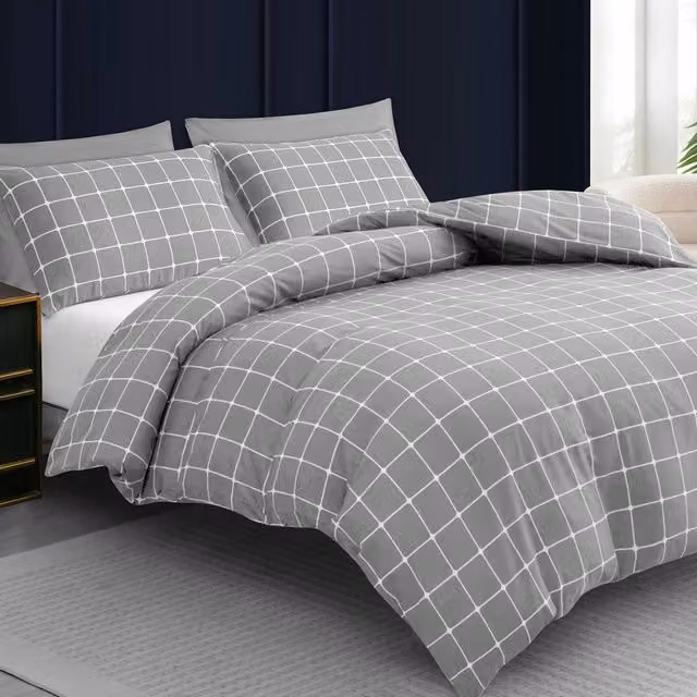 Lazzaro Home Super King Reversible Checked Microfibre Duvet Cover and Pillowcase Set in Grey
