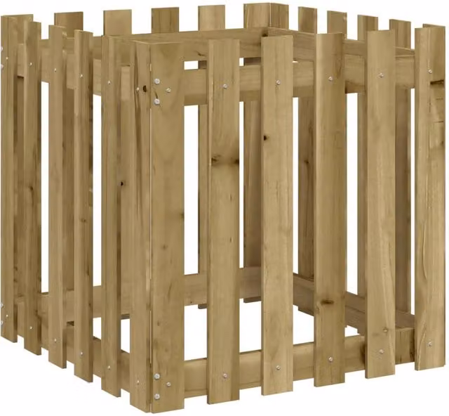 Berkfield Home Garden Planter with Fence Design in Brown, Impregnated Pine Wood, W/D/H: 60 x 60 x 60 cm