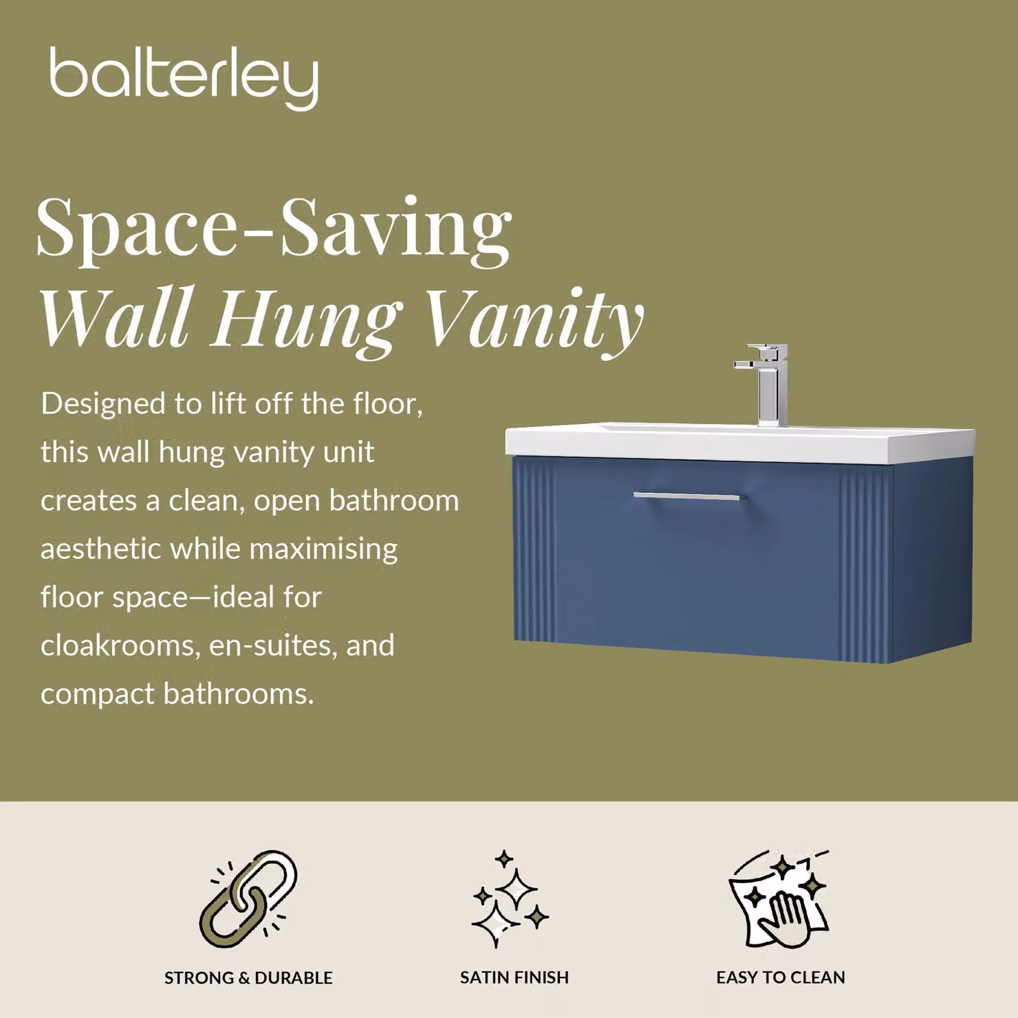 Balterley Wall Hung 1 Drawer Vanity Unit with Mid-Edge Basin, Satin Blue – 2