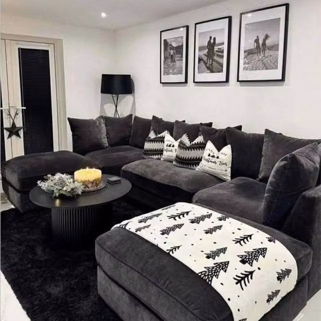 Home & Love Rio Bishop U Shape Cinema Scatterback Corner Sofa in Black Fabric with Matching Ottoman and Scatter Cushions – 1