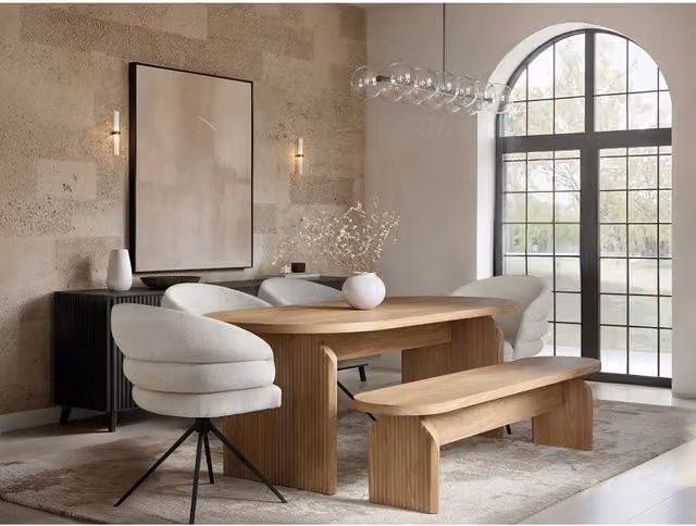 SOLACE+CO Scandinavian Wooden Dining Set with Rectangular Table, Bench and 7 Chairs in Brown and Beige