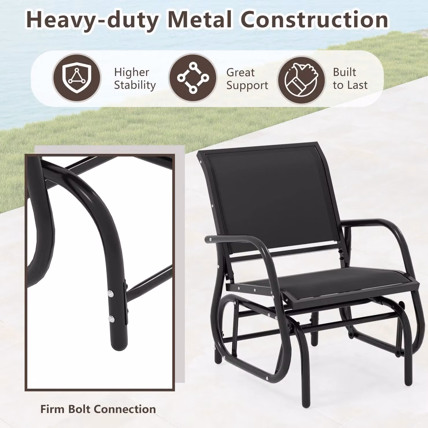 Gymax Black Metal Outdoor Swing Glider Rocking Chair – 2