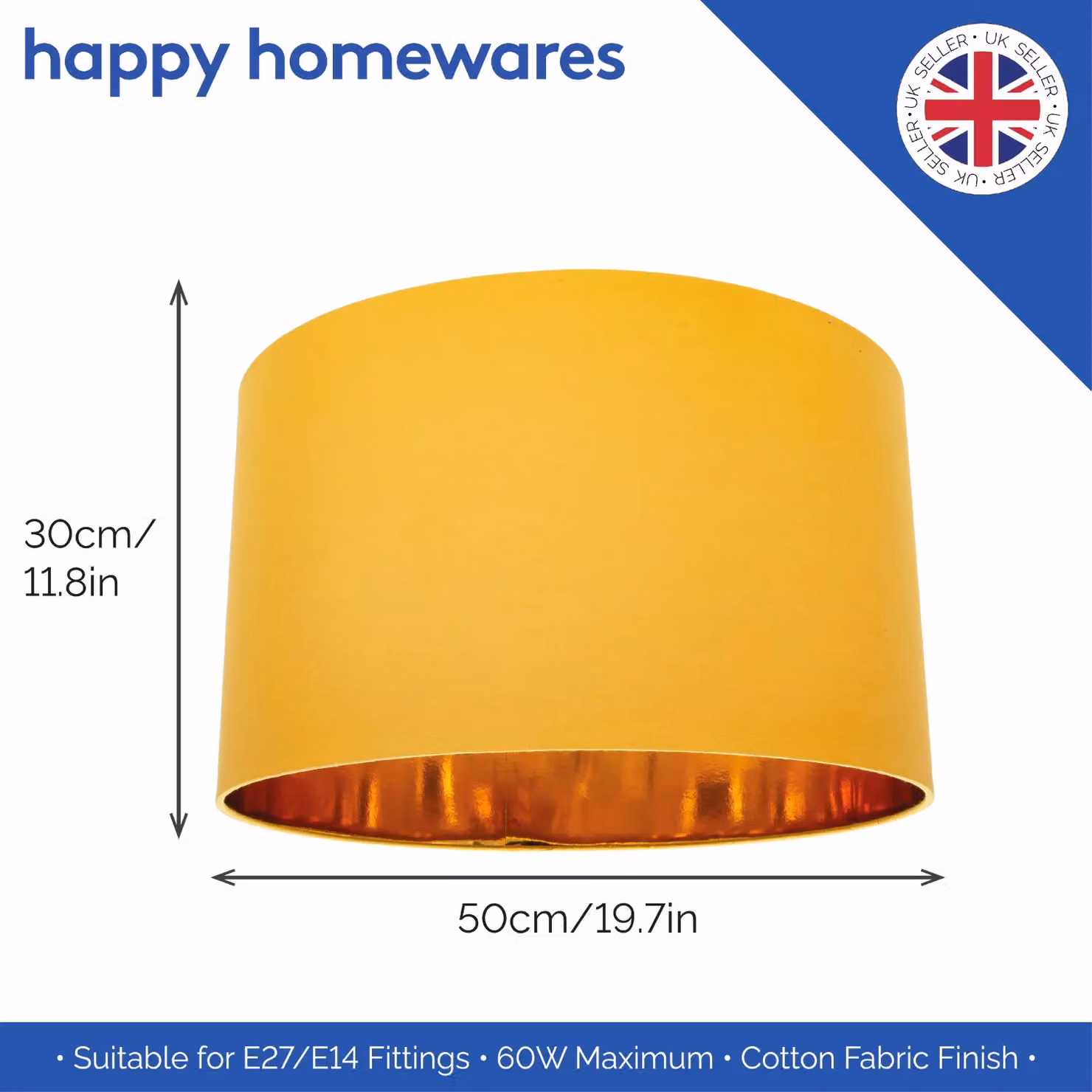 Happy Homewares Contemporary Mustard Yellow Cotton Lamp Shade with Shiny Paper Inner, Diameter: 35.56 cm – 2