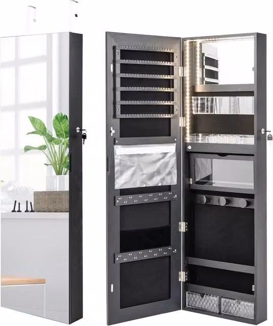 COSTWAY Modern Black Wall Mounted Mirrored Jewellery Cabinet with LED Lighting and Lock