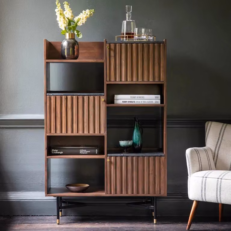 Atkin & Thyme Berkeley Marble Industrial Freestanding Shelving Unit in Black and Brown with Acacia Wood and Metal