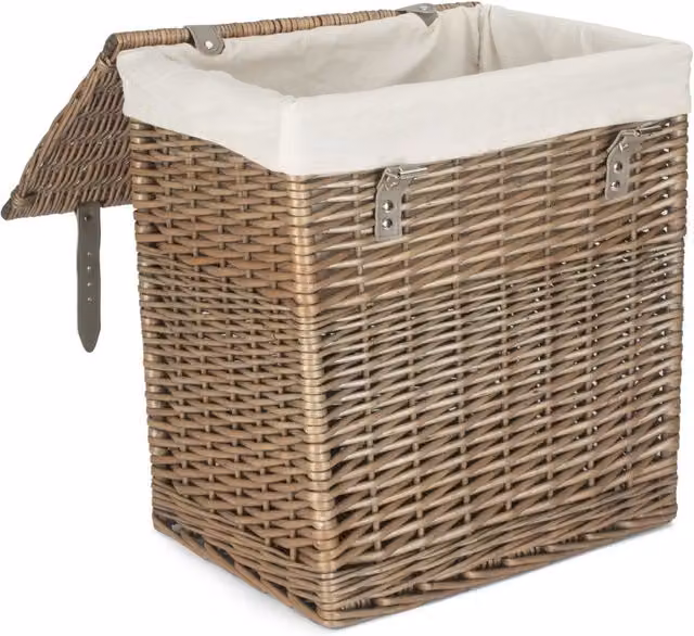 Red Hamper Boutique Antique Wash Wicker Laundry Basket with Cotton Lining in Grey, Width: 37 cm