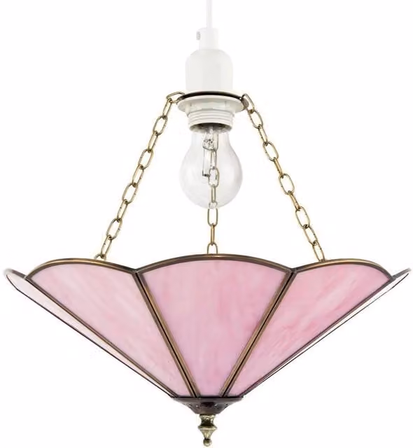 Happy Homewares Classic Tiffany Glass Easy Fit Pendant Shade in Pink with Brass Trims, Diameter: 35.56 cm – 1