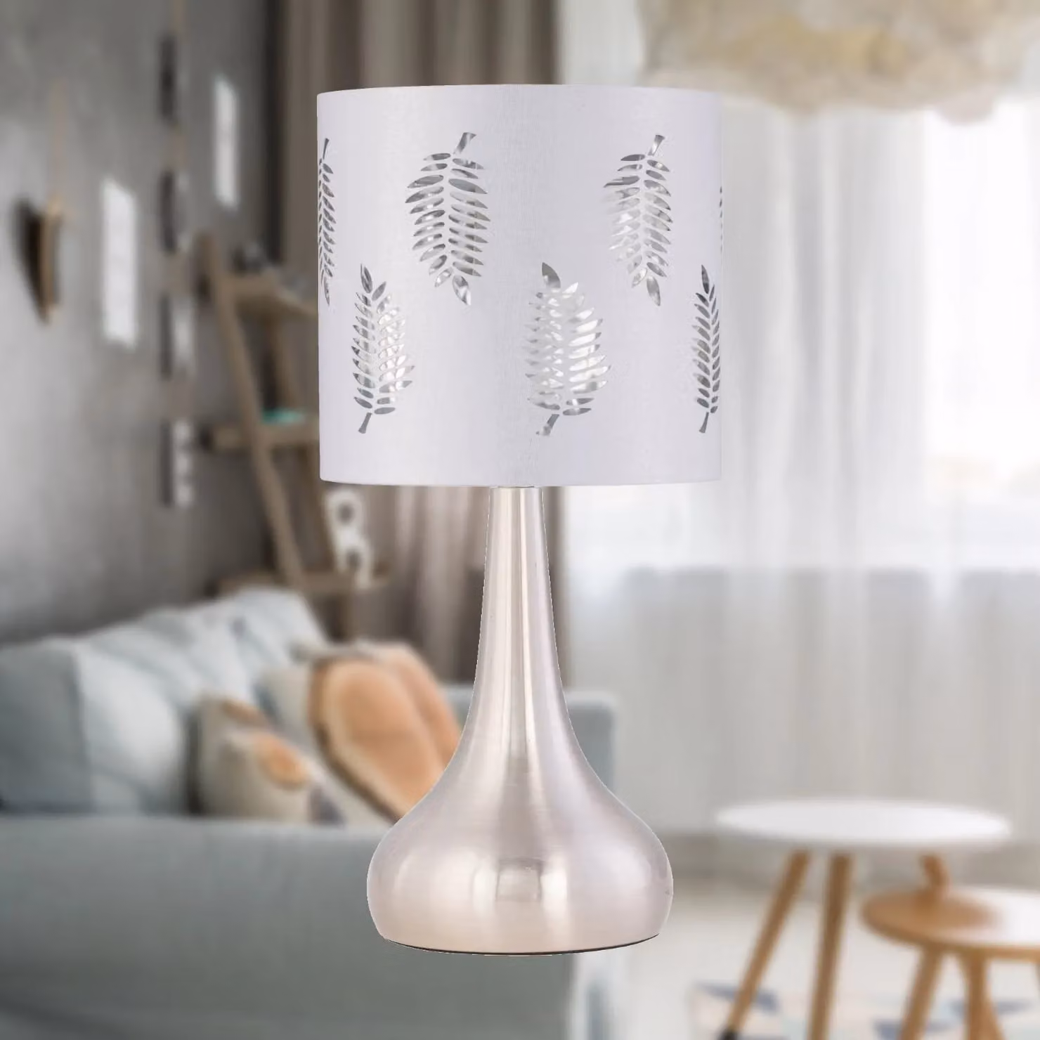 First Choice Lighting Romana Touch Table Lamp in Brushed Chrome with White Fabric Shade – 2