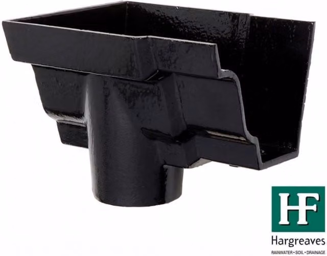 Hargreaves Premier Cast Iron Moulded Ogee Gutter Left Hand Stopend Outlet, 100mm for 75mm Downpipe, Black