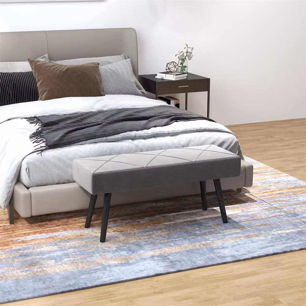 Kelvenix Grey Upholstered Velvet Hallway and Bedroom Bench with Metal Frame – 4