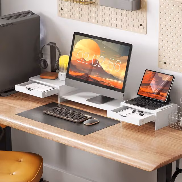 HOMCOM Adjustable Dual Monitor Stand Riser with Drawer, White