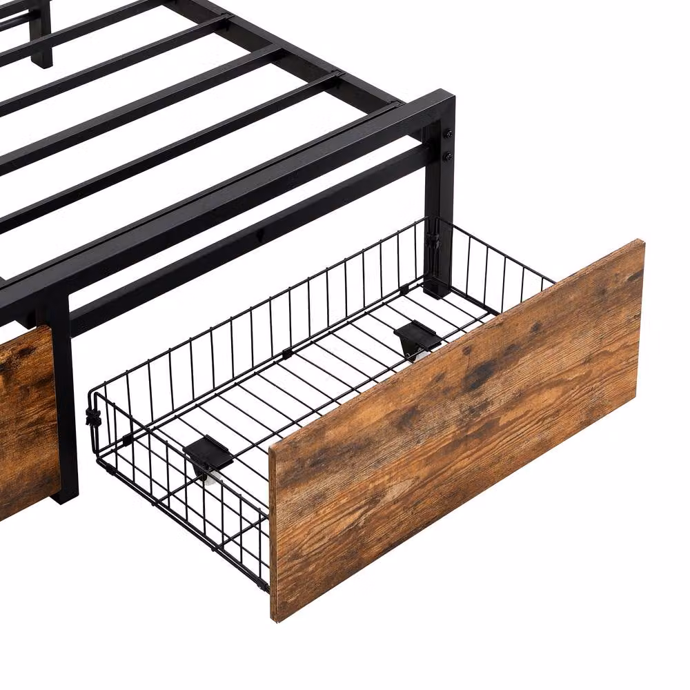 STILVORA Modern Double Bed Frame with Storage Drawers, USB Charging Port and Under-Bed Lighting, Black and Walnut, W/D/H: 140 x 200 cm – 6