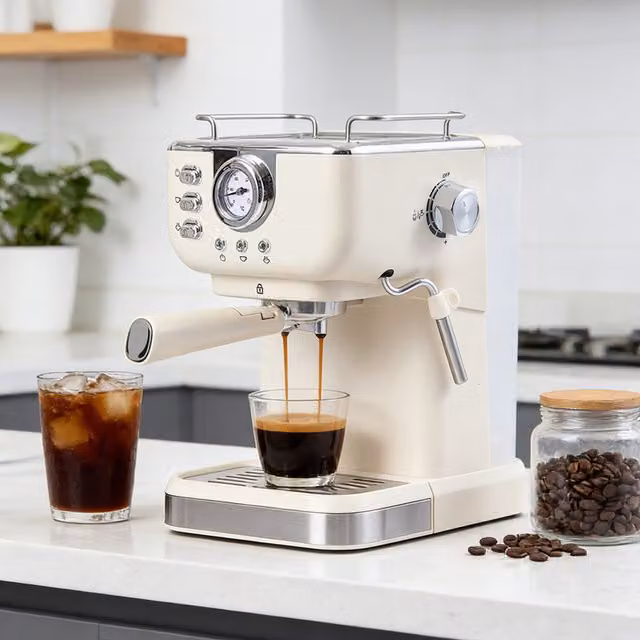 Livingandhome Retro Espresso Machine with Latte Milk Frother and Cup Warmer in Beige