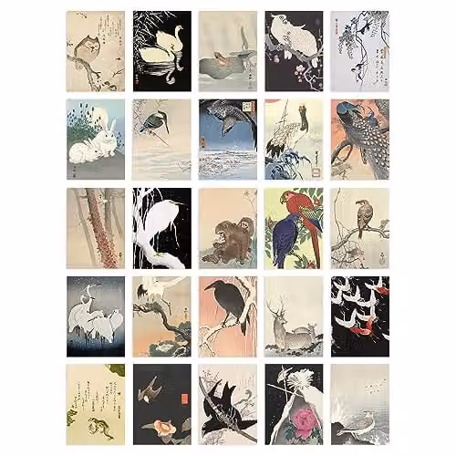 Artery8 50 Piece Japanese Art Collage Kit featuring Ohara Koson Woodblock Painting Prints, Multicolour Paper Wall Art, W: 14.8 cm, H: 10.5 cm – 1