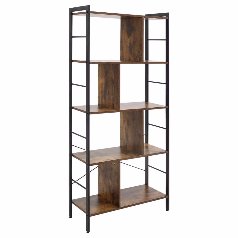 Wyld Haus Nofaluno 5 Tier Industrial Metal and Wood Shelf in Rustic Brown and Black, H: 157.5 cm x W: 74 cm x D: 30 cm – 2