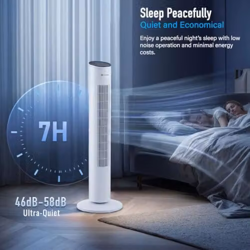 PureMate 43-Inch Oscillating Tower Fan with Remote Control, Timer and Sleep Mode, White – 3