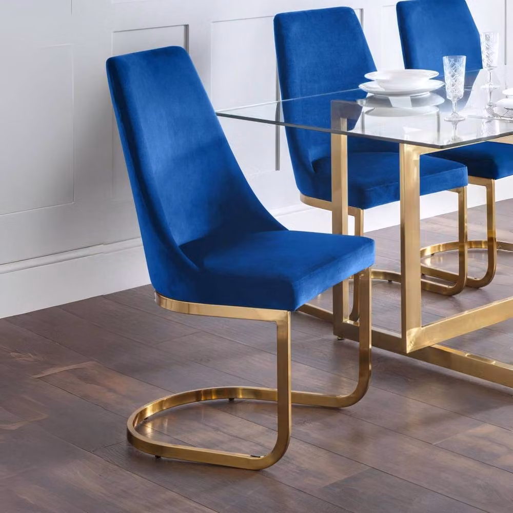 Cheshire Westbridge Set of 2 Elegant Blue Velvet Cantilever Dining Chairs with Gold Metal Base – 3