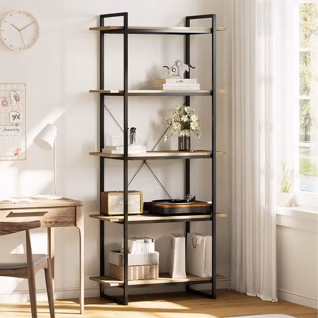 Livingandhome Industrial 5-Tier Metal and MDF Bookshelf in Brown