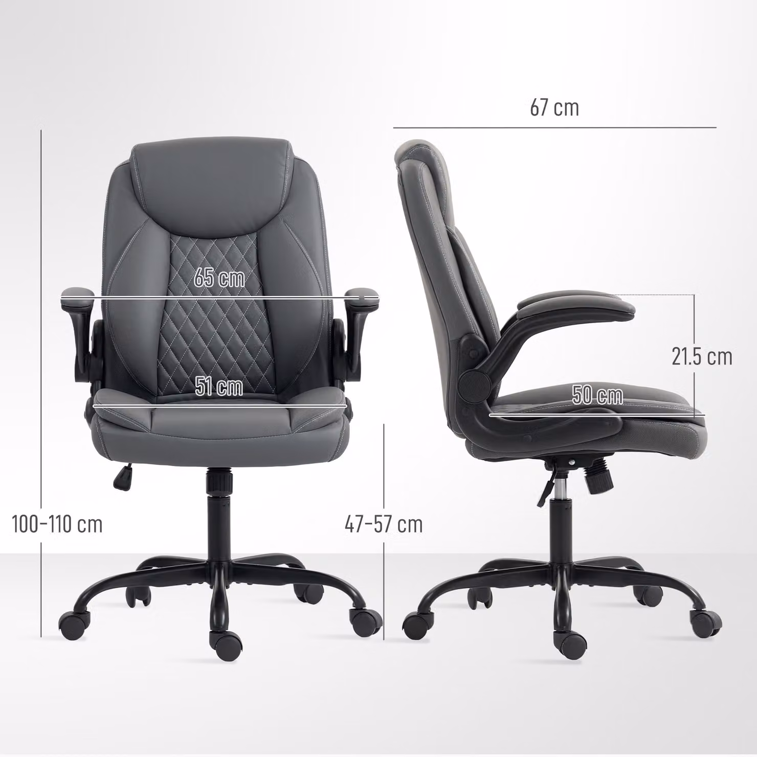 HOMCOM Faux Leather Office Task Chair with Flip-Up Armrests and 360 Degree Swivel, Grey, W/D/H: 65 x 60 x 120 cm – 3