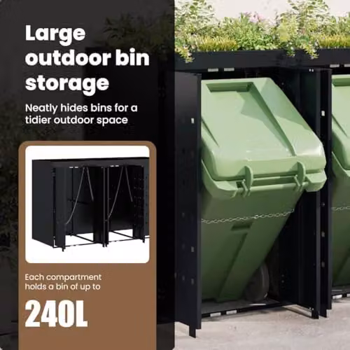 vidaXL Wheelie Bin Storage for 3 Bins, Black, W: 204 cm, D: 77.5 cm, H: 121.5 cm – 5