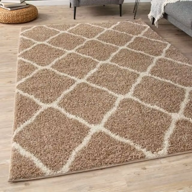 THE RUGS Moroccan Soft High Pile Shaggy Lattice Rug, Beige, W: 80 cm, L: 150 cm – 1