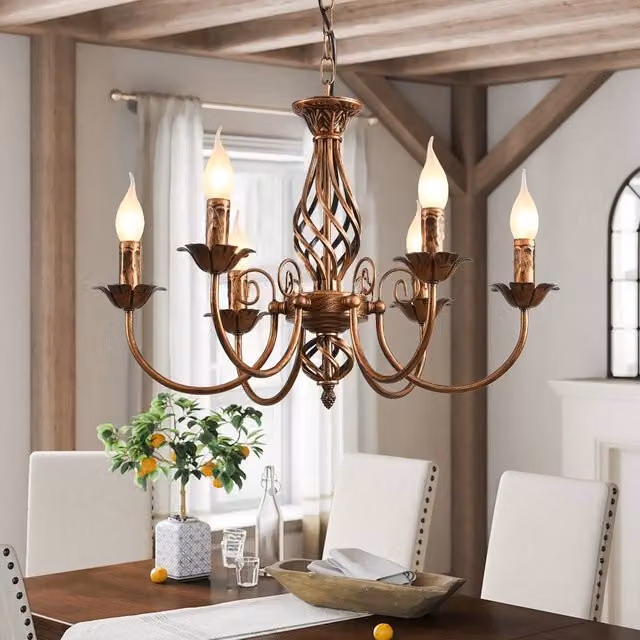 NIVOR French Vintage 6 Light Bronze Metal Dining Room Candle Chandelier